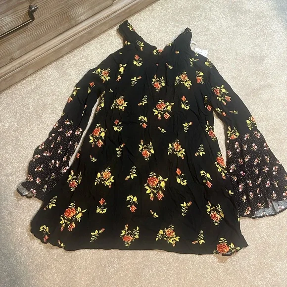 FREE PEOPLE Women’s Tate Black Floral Tie Neck Mini Shift Dress Tunic XS - Picture 4 of 11